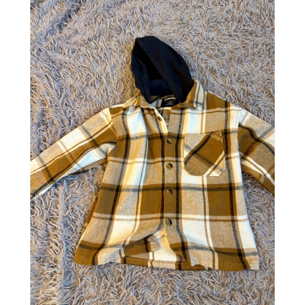 Tony Hawk Mens Tan‎ Brown Plaid Hooded Flannel Shirt Jacket Hoodie PTP109 Small